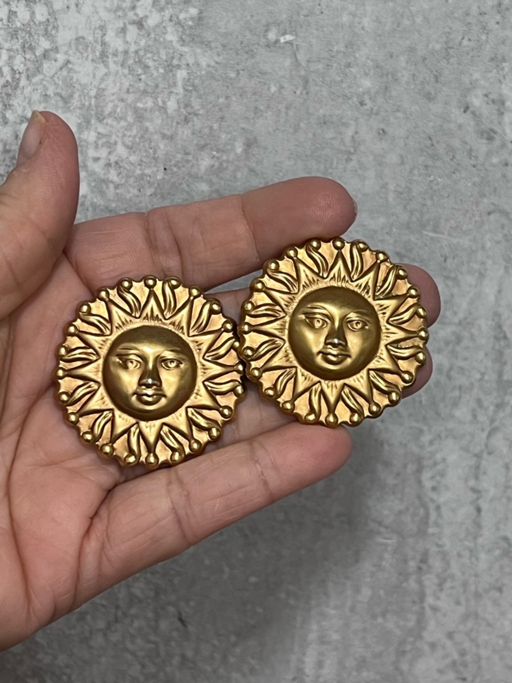 Vintage Gold Tone Celestial Sun Face Statement Earrings